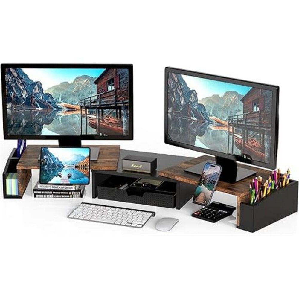 Simple Houseware Desk Dual Monitor Stand Riser with Drawer, Rustic Brown - Picture 6 of 6